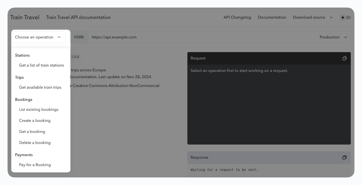 Image of the operation selector inside the API Explorer